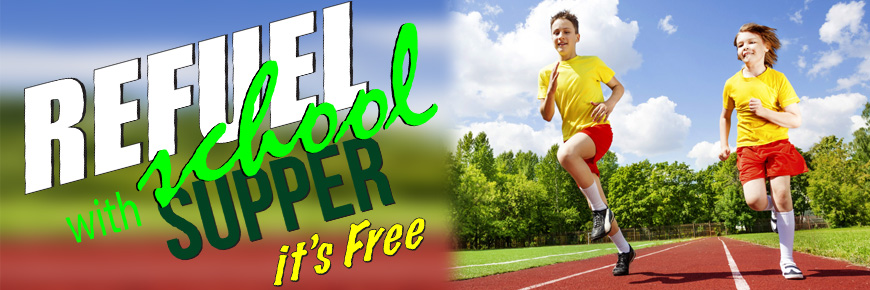 Banner Refuel with School Supper It's Free. Two children running on a track